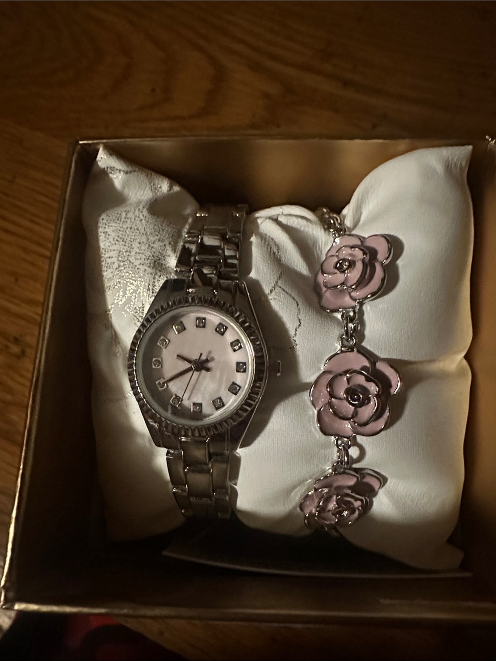 Silver Women's Watch and Pink Floral Bracelet Set